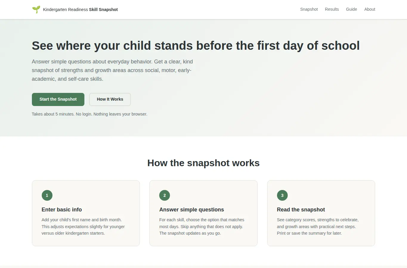 Screenshot of Kindergarten Readiness Skill Snapshot interface showing the project page in use